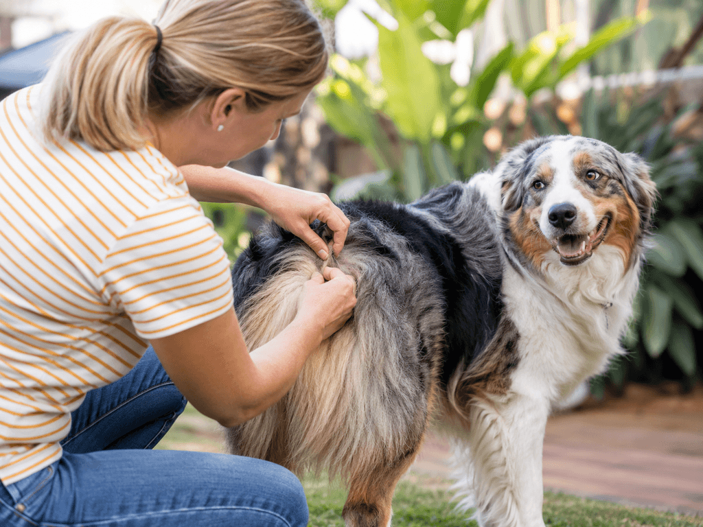 Owner checking a dog’s coat for fleas near the base of the tail